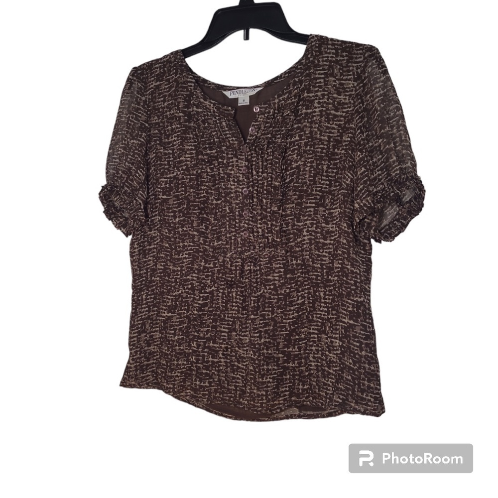 Pendleton 100% Silk Sheer Puff Sleeve Brown Blouse Petite 8 — Quiet Luxury Work - Picture 11 of 14